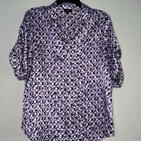 Talbots Blouse Women’s Petites Size 12P Purple White Silk Blend Top Roll tab - Picture 1 of 8